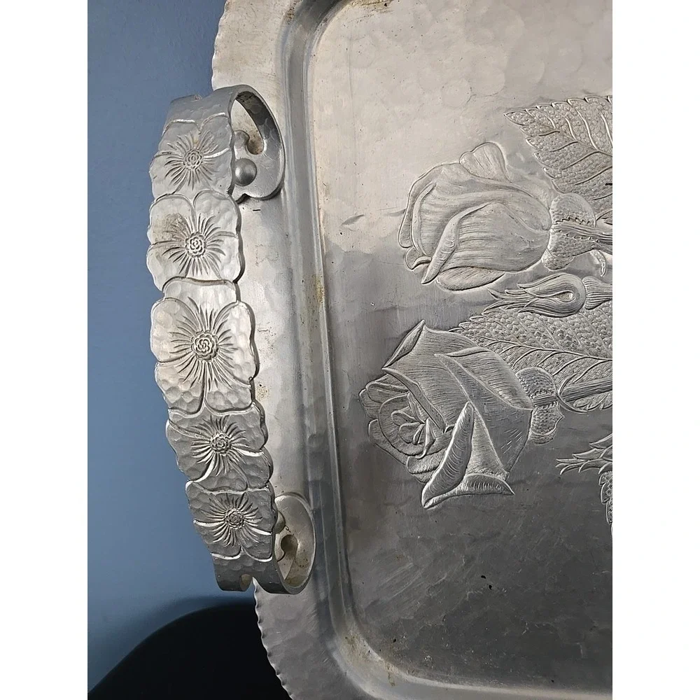 VINTAGE CONTINENTAL SILVER CO WILD ROSE BRILLIANTONE #1023 HAMMERED SERVING TRAY